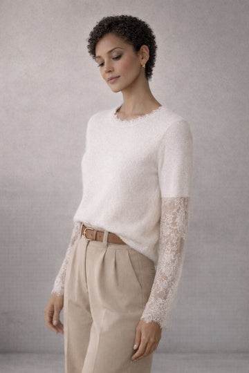 Adelaide Lace-Sleeve Fuzzy Patchwork Jumper in Beige