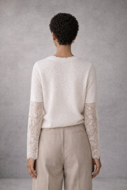 Adelaide Lace-Sleeve Fuzzy Patchwork Jumper in Beige