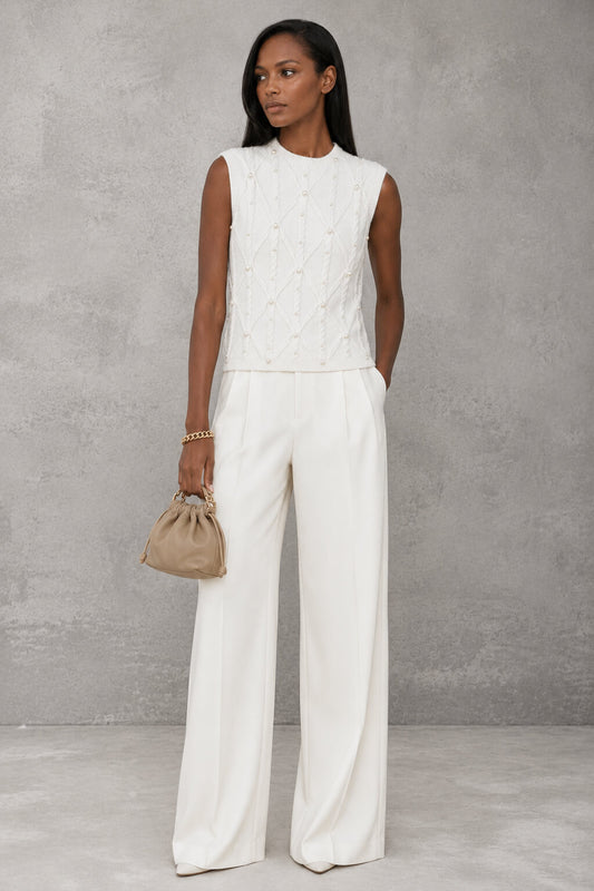 Helena Pearl-Embellished Cable Knit Vest