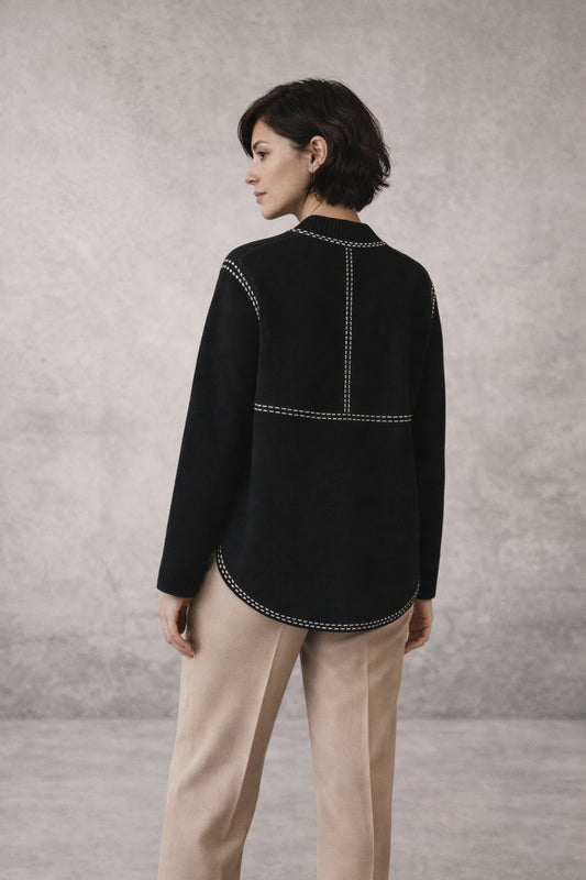 Avalon Contrast-Trim Button Cardigan in Black