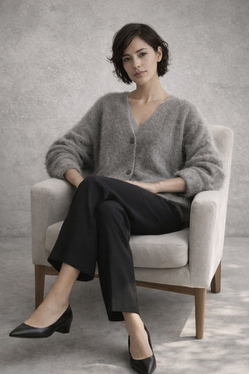 Isla V-Neck Fuzzy Mohair Cardigan in Smoke Grey