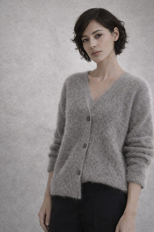 Isla V-Neck Fuzzy Mohair Cardigan in Smoke Grey