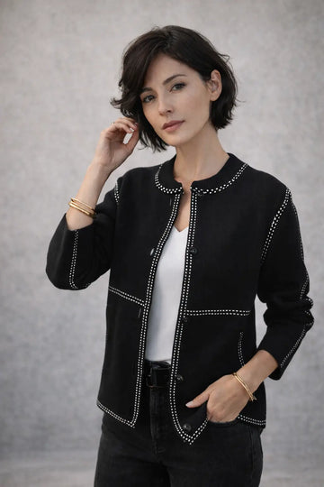 Avalon Contrast-Trim Button Cardigan in Black