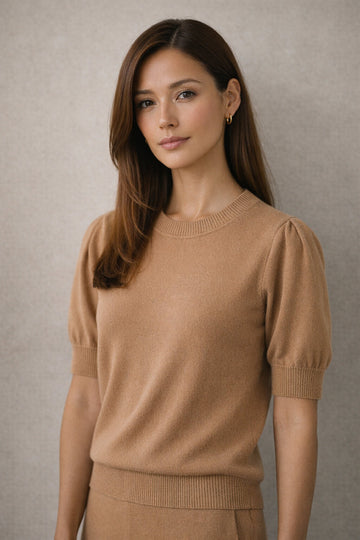 Aveline Puff-Sleeve Knit Top in Light French Beige