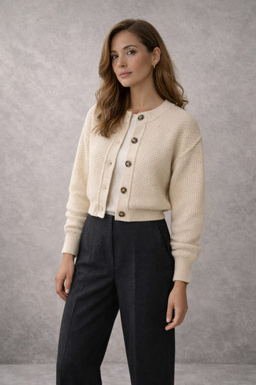 Cambridge Cropped Button Cardigan in Beige